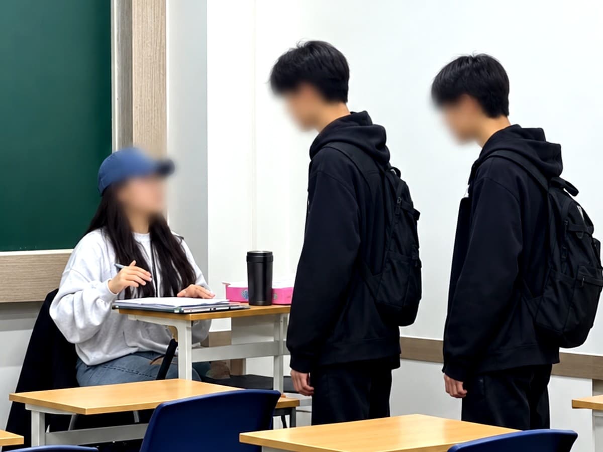 YM학원 관리·일일 테스트 장면 — 과제 검사 후 TEST 응시